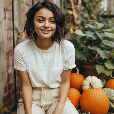 High Resolution: Attractive young figure with medium brown skin wavy black hair and hoop earrings smiles at the camera wearing a white t-shirt tucked into beige high-waisted pants sitting among several pumpkins download. | HRJPG.com