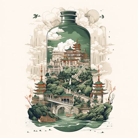 High Resolution: Intricate fantasy-style cityscape inside and around a green glass bottle features traditional Chinese pagodas on rocky islands connected by arched bridges over calm waters download. | HRJPG.com