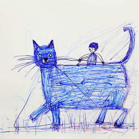 High Resolution: Blue sketchy drawing on white paper depicts an oversized feline with large eyes and whiskers being ridden by a small human figure holding reins download. | HRJPG.com