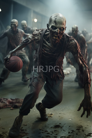 High Resolution: Undead skeletal zombie with decaying flesh and tattered clothes plays basketball in a dim-lit gymnasium holding a red ball with other zombies lurking behind download. | HRJPG.com