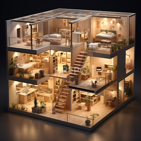 High Resolution: Illuminated multi-story apartment model shows three floors with wooden flooring and warm lighting featuring cozy living spaces including bedrooms kitchens and dining areas download. | HRJPG.com