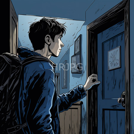 High Resolution: Anxious young figure with short brown hair wears a blue hoodie and black backpack standing before a slightly open dark blue painted wooden door reaching out to touch its doorknob download. | HRJPG.com