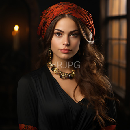 High Resolution: Attractive young figure with long wavy brown hair and fair skin wears a black dress adorned in gold jewelry and an orange patterned headscarf against dim candlelight download. | HRJPG.com