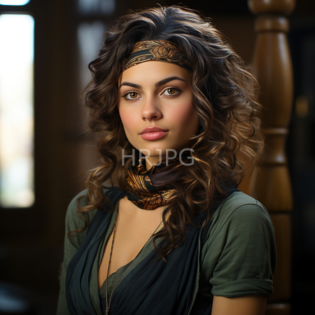 High Resolution: Attractive young figure with curly brown hair wears a patterned headband and scarf over her shoulders with olive skin tone full lips painted pinkish-brown and green eyes download. | HRJPG.com