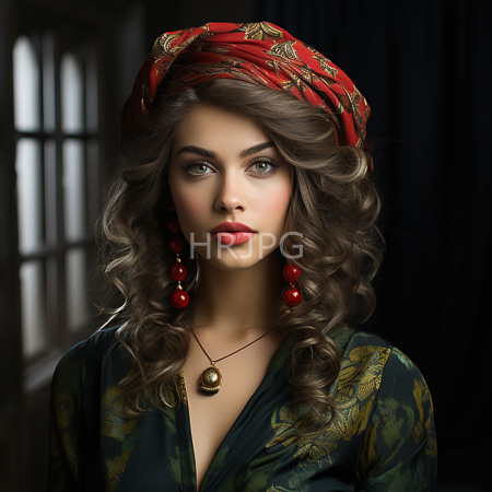 High Resolution: Attractive young figure with fair skin green eyes and wavy brown hair adorned in a red floral headscarf wears a dark-green robe patterned with gold leaves download. | HRJPG.com