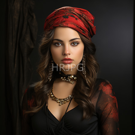 High Resolution: Attractive young figure with light olive skin brown wavy hair wears a red patterned headscarf and a black sheer top revealing cleavage adorned in gold chain earrings and necklace download. | HRJPG.com