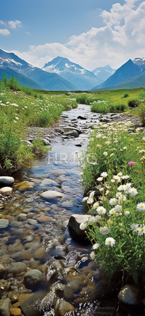 High Resolution: Alpine meadow with a clear rocky stream flowing through the center white wildflowers line both banks under a bright blue sky with distant snow-capped mountains download. | HRJPG.com
