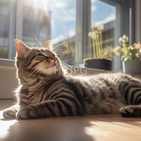 High Resolution: Adorable fluffy gray tabby feline with dark stripes lounging on a sunlit wooden floor in front of large windows basking peacefully indoors amidst potted plants download. | HRJPG.com