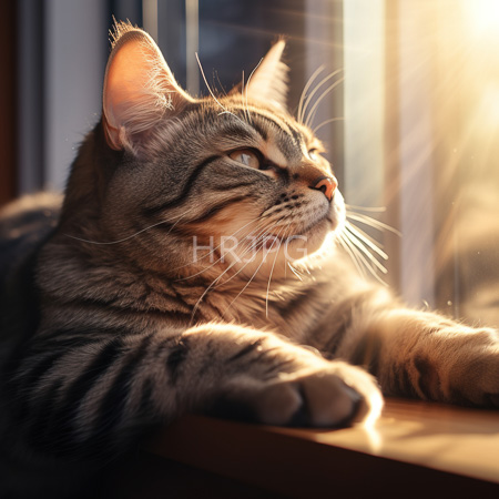 High Resolution: Alert gray tabby feline with dark stripes lounging on a wooden windowsill in warm sunlight gazing outside intently through partially open curtains download. | HRJPG.com