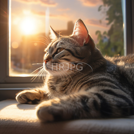 High Resolution: Alert gray tabby feline with black stripes lounging on a sunlit windowsill at sunset casting warm golden hues and soft shadows across its fur download. | HRJPG.com
