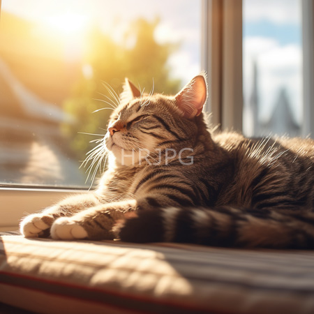High Resolution: Adorable medium-sized tabby feline with closed eyes and a relaxed expression basking in sunlight on a windowsill with warm golden light through large window panes download. | HRJPG.com