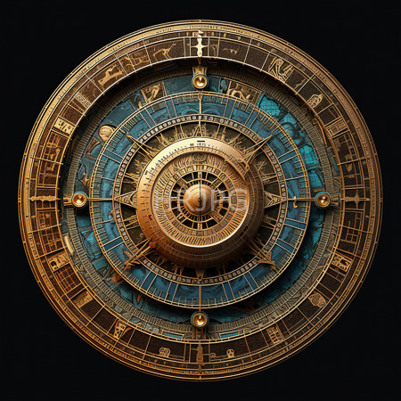 High Resolution: Highly detailed intricate golden astronomical clock against a black background features concentric rings with blue and gold elements Roman numerals and zodiac symbols download. | HRJPG.com