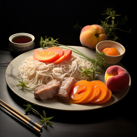 High Resolution: Elegant Asian-style meal on a white marble plate features glossy thin noodles topped by juicy tomato slices and tender swine belly pieces surrounded by fresh peaches download. | HRJPG.com