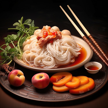 High Resolution: Asian-style meal on a dark textured plate features white noodles topped by poultry in red sauce and dumplings accompanied by fresh green herbs apples and sliced peaches download. | HRJPG.com