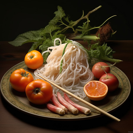 High Resolution: Artfully arranged plate features tangled white noodles at its center surrounded by three ripe tomatoes and one halved tomato revealing orange flesh with pink radishes and wooden chopsticks download. | HRJPG.com
