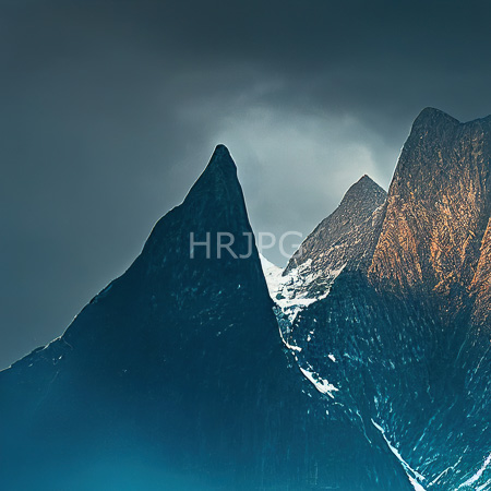 High Resolution: Two towering snow-capped mountains under an overcast sky one peak dark and shadowed the other peaking in warm sunlight with textured rock surfaces visible download. | HRJPG.com