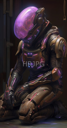 High Resolution: Astronaut kneels wearing detailed brown and purple futuristic armor with glowing pink accents on joints and a chest plate with a transparent helmet in a dim industrial background download. | HRJPG.com