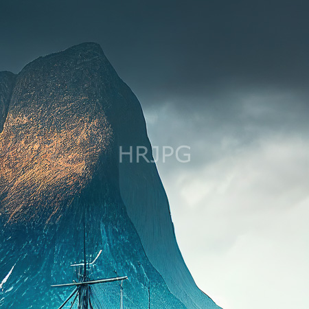 High Resolution: Imposing conical mountain with textured dark blue and orange-brown slopes under dramatic cloudy skies features power lines intersecting at the bottom left corner against a misty background download. | HRJPG.com