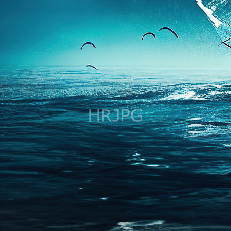 High Resolution: Ocean scene features three dark curved kitesurfing sails against clear blue skies and turquoise waters with gentle waves rippling across the foreground download. | HRJPG.com