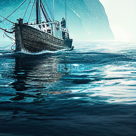 High Resolution: Old wooden sailboat with weathered textures sailing on calm blue waters reflecting its silhouette under soft sunlight with figures standing on deck against a misty mountainous background download. | HRJPG.com