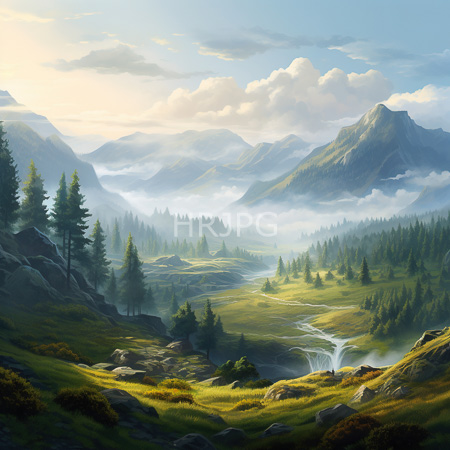High Resolution: Ethereal mountain landscape at sunrise features lush green valleys with scattered pine trees and rocky outcrops a winding river meanders through the center towards mist-covered mountains download. | HRJPG.com