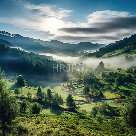 High Resolution: Lush rolling green hills under bright sunlight with scattered clouds mist shrouds mid-ground valleys and trees dot the landscape evenly across fields containing small ponds or streams download. | HRJPG.com