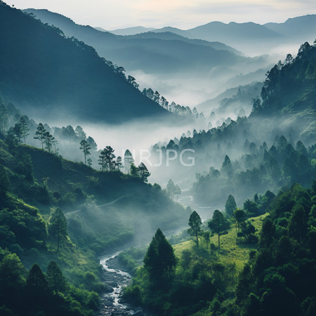 High Resolution: Misty lush green mountain landscape features dense forests and a winding river in the foreground with layers of hills fading into the distance under soft morning light download. | HRJPG.com