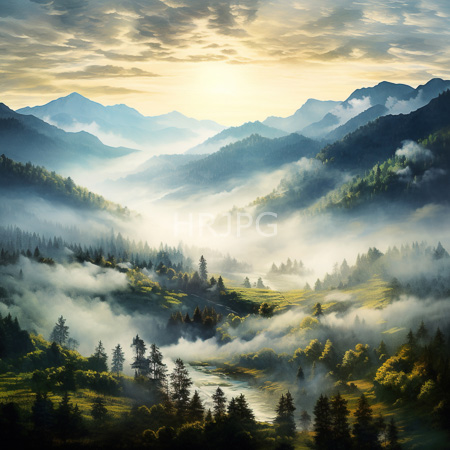 High Resolution: Ethereal mountain landscape at sunrise features layers of mist-covered hills and valleys with dense forests in varying shades from dark green to golden yellow under soft sunlight rays download. | HRJPG.com