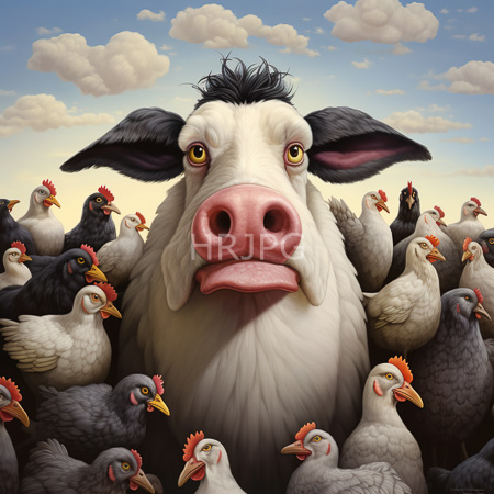 High Resolution: Anthropomorphic white-furred swine with a large pink nose and droopy eyes stands among numerous avian creatures under a cloudy blue sky download. | HRJPG.com