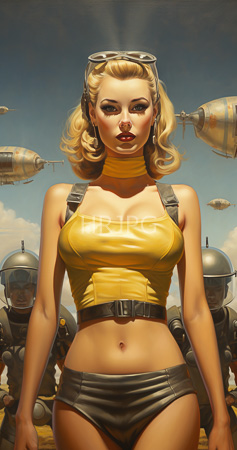 High Resolution: Attractive blonde figure with curled hair wears goggles on her head and a yellow leather crop top accentuating large breasts standing in front of armored soldiers download. | HRJPG.com