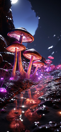 High Resolution: Glowing pink and purple fungi with translucent caps reflecting in still water at night under moonlight surrounded by ethereal floating orbs emitting soft light download. | HRJPG.com