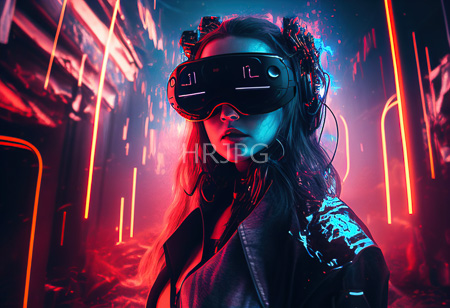 High Resolution: Asian figure with long wavy brown hair wears futuristic neon-lit head-mounted display and a black leather jacket in a cyberpunk cityscape bathed in reds and blues download. | HRJPG.com