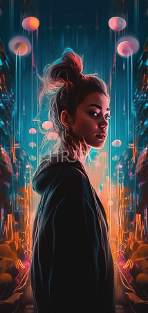 High Resolution: Ethereal young figure with light skin and pink-tinted hair in a messy bun wears a black hoodie gazing over her shoulder into a neon-lit futuristic cityscape under glowing orbs download. | HRJPG.com
