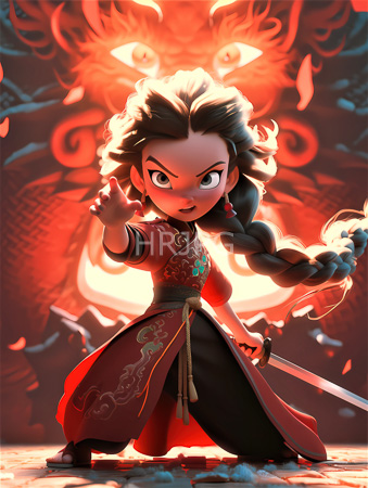 High Resolution: Anime-style young girl kneels confidently before a glowing reptilian predator face backdrop pointing forward assertively while holding a sword wearing traditional red and black martial arts attire download. | HRJPG.com