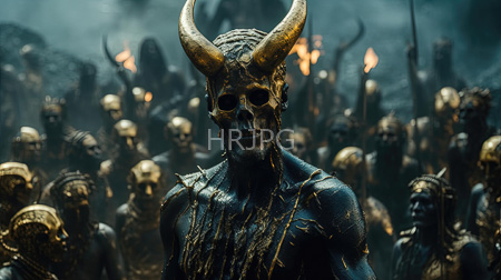 High Resolution: Dark muscular demon with blackened skin and large golden horns stands in front of an army of similarly horned demons holding torches against a smoky background download. | HRJPG.com