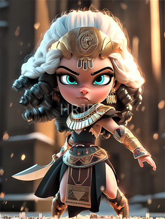 High Resolution: Anthropomorphic chibi-style warrior with large turquoise eyes and white-blonde curly hair adorned in ancient Egyptian-inspired armor standing confidently against a blurred stone background download. | HRJPG.com