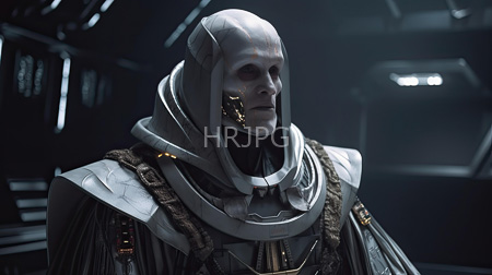 High Resolution: Alien character in sci-fi attire features a white helmet with smooth texture and intricate gold patterns on cheeks wearing layered gray armor over brown fabric elements download. | HRJPG.com