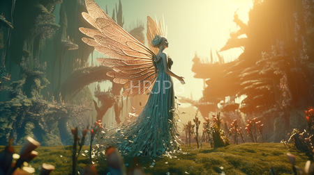 High Resolution: Ethereal fairy with translucent lace-like wings and a flowing green dress stands in a sunlight-dappled forest clearing surrounded by towering twisted trees adorned with glowing red flowers download. | HRJPG.com