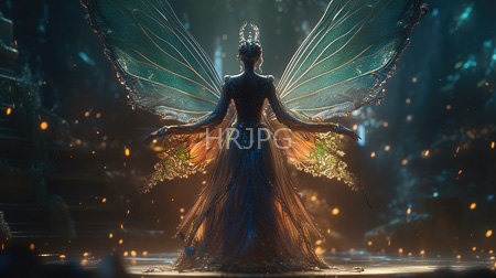 High Resolution: Ethereal dark-skinned female figure with large iridescent insect wings and intricate lace-like attire stands in a dimly lit forested area illuminated by soft orange embers floating around her download. | HRJPG.com
