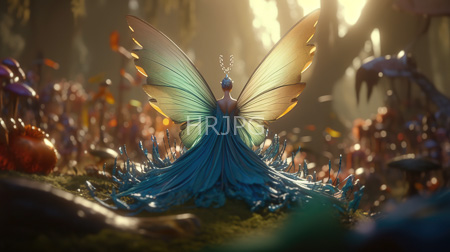 High Resolution: Ethereal blue insect-like creature with translucent wings and glowing orange edges stands in a sunlight-dappled forest glade filled with colorful fungi adorned by sparkling particles download. | HRJPG.com