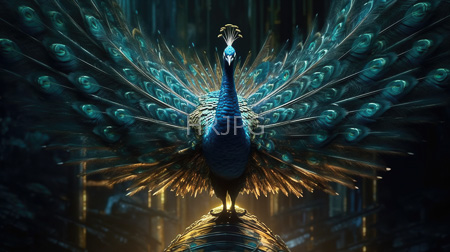 High Resolution: Elegant avian creature with vivid blue and green plumage displaying its expansive tail feathers adorned in iridescent eyespots against a darkened background standing on a golden spherical pedestal download. | HRJPG.com