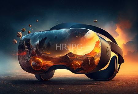 High Resolution: Futuristic head-mounted display with a reflective holographic screen showing an orange-hued planetary landscape and floating rocks set against a dark space background download. | HRJPG.com