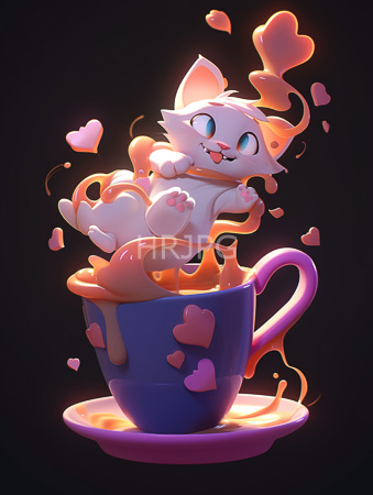 High Resolution: Adorable white kitten with blue eyes joyfully emerges from a purple teacup filled with orange syrup that forms heart shapes around it against a black background download. | HRJPG.com