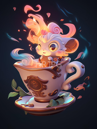 High Resolution: Adorable small white rodent with pink and orange flame-like hair sits in a large ornate teacup filled with glowing liquid on its saucer with petals floating around download. | HRJPG.com