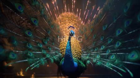 High Resolution: Elaborate avian creature with vibrant iridescent tail feathers fanned out against a dark background illuminated by soft golden light from behind featuring vivid blue and green plumage download. | HRJPG.com