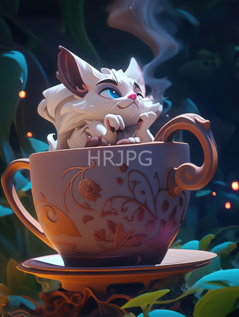 High Resolution: Adorable fluffy white kitten with blue eyes and a pink nose sits in a large ornate teacup filled with steam rising from its paws against a dark green foliage background download. | HRJPG.com