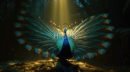 High Resolution: Elegant avian creature with vivid blue and green plumage displaying its expansive tail feathers adorned with iridescent eyespots in soft light standing on golden-hued ground amidst a dark forest download. | HRJPG.com