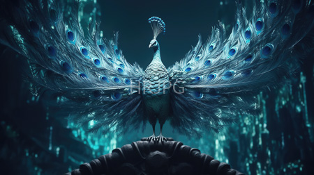 High Resolution: Elaborate avian creature with expansive iridescent blue and green feather fans stands on ornate stone steps in front of a glowing teal cityscape at night download. | HRJPG.com