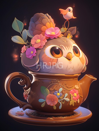 High Resolution: Adorable chubby owl with large eyes and soft white feathers sits inside an ornate brown teacup adorned with colorful flowers with a small pink bird perched on its head download. | HRJPG.com