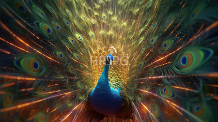 High Resolution: Elaborate avian creature with vibrant blue and green plumage displaying its expansive tail feathers adorned in eye-catching iridescent patterns against a dark background with golden light highlights download. | HRJPG.com